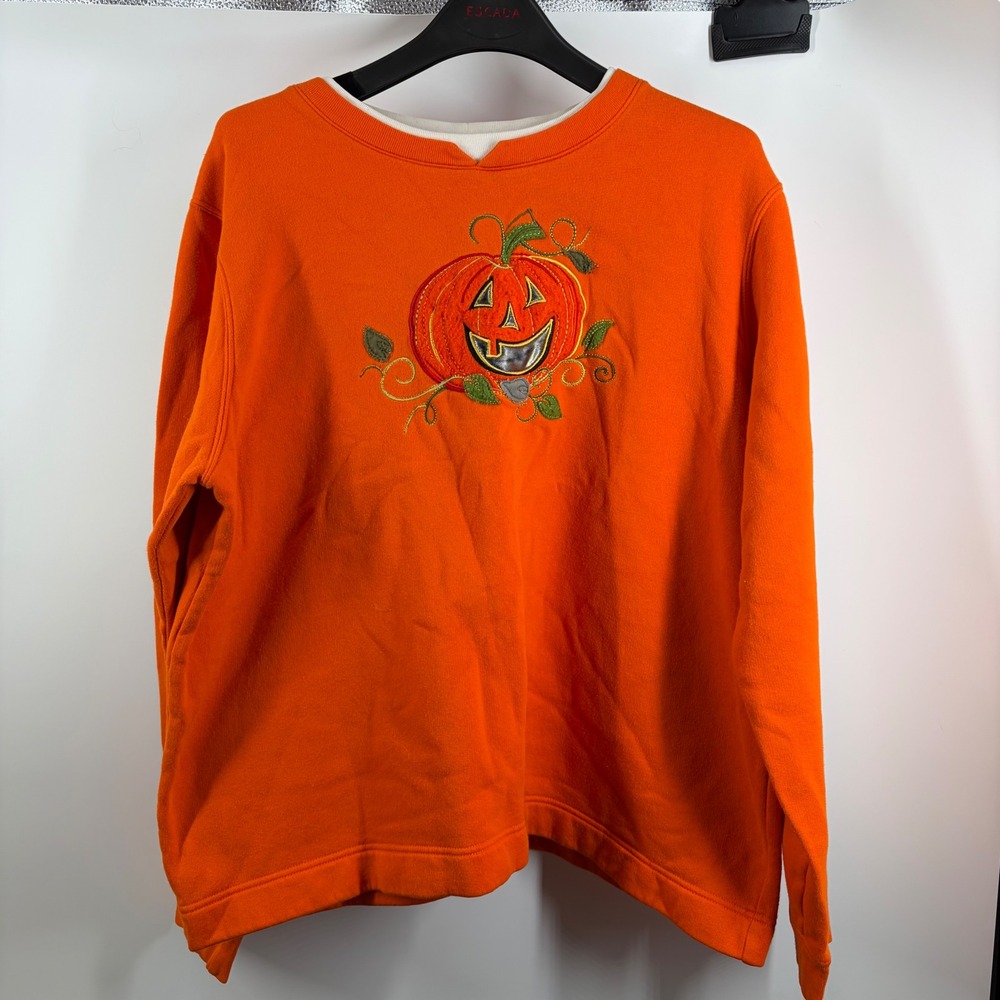 White Stag Womens XL Orange Halloween Pumpkin Embroidered Sweatshirt Pullover